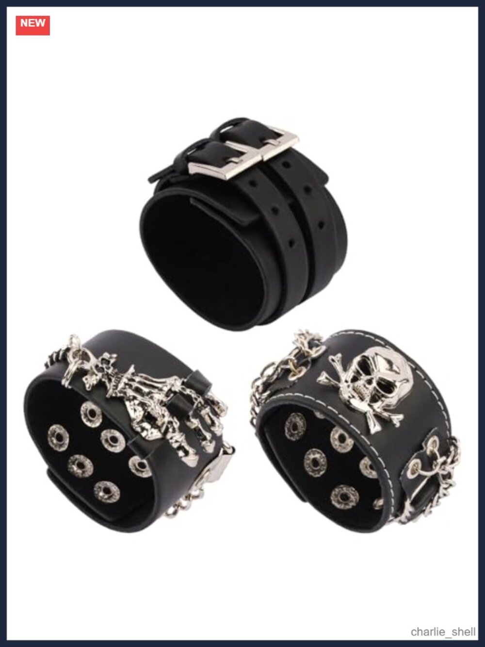 Faux Leather Studded Skull Cuff Bracelet Set Punk Biker 3Pc